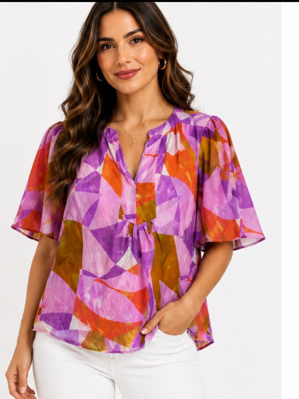 La Roque Colorful Abstract Print Blouse | Puff Sleeves | Size M